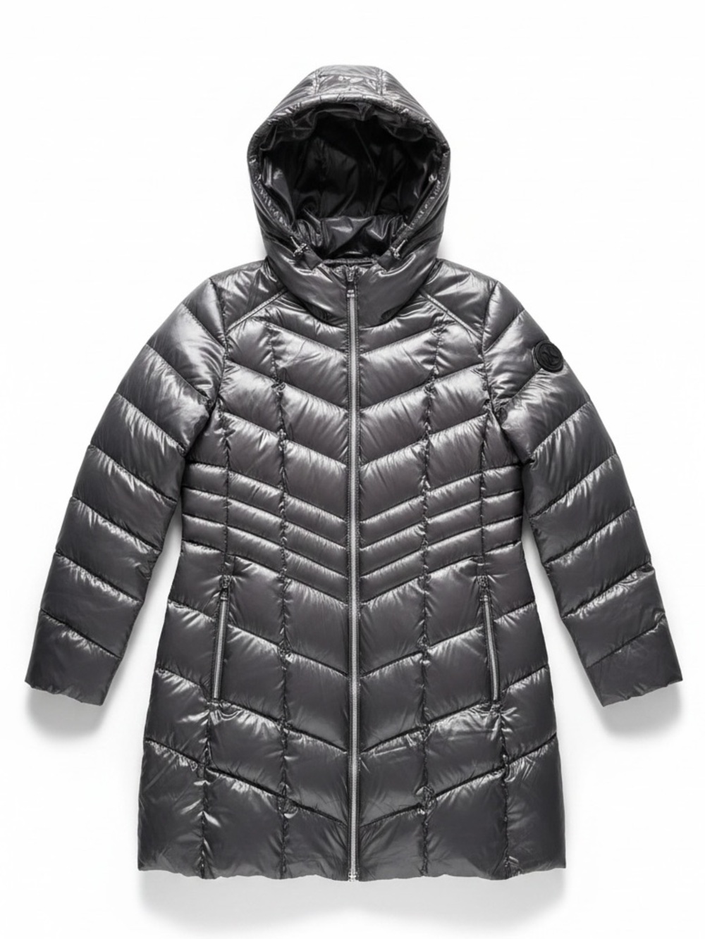 Karl Lagerfeld Paris Duck Down Hooded Puffer Coat Gray Chevron Jacket Size Large